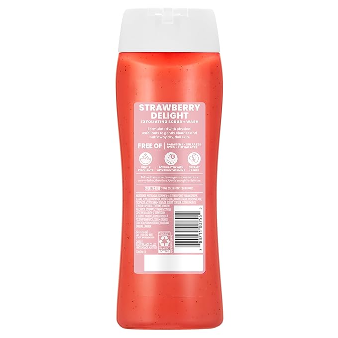 Suave Strawberry Delight Exfoliating Body Wash & Scrub with Glycerin & Vitamin E, Sulfate-Free Hydrating Cleanser for Soft, Smooth Skin, 6 Count, 18 FL OZ EA