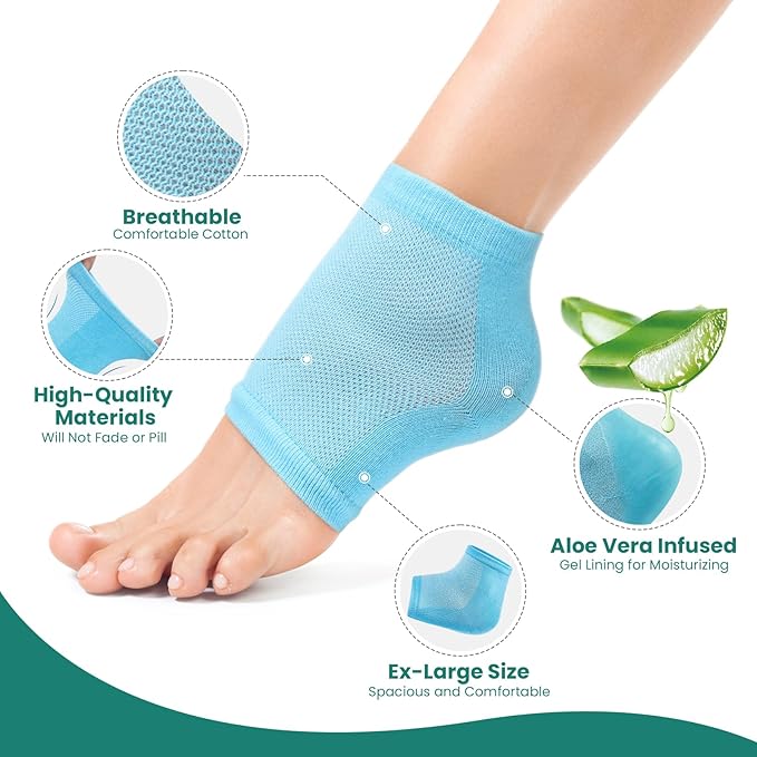 Welnove Moisturizing Heel Socks - 2 Pairs Aloe Vera Extract Infused Gel Lining for Dry Feet - Cracked Heel Repair Treatment - Cotton Socks for Women Men Foot Care (Blue, Extra Large)