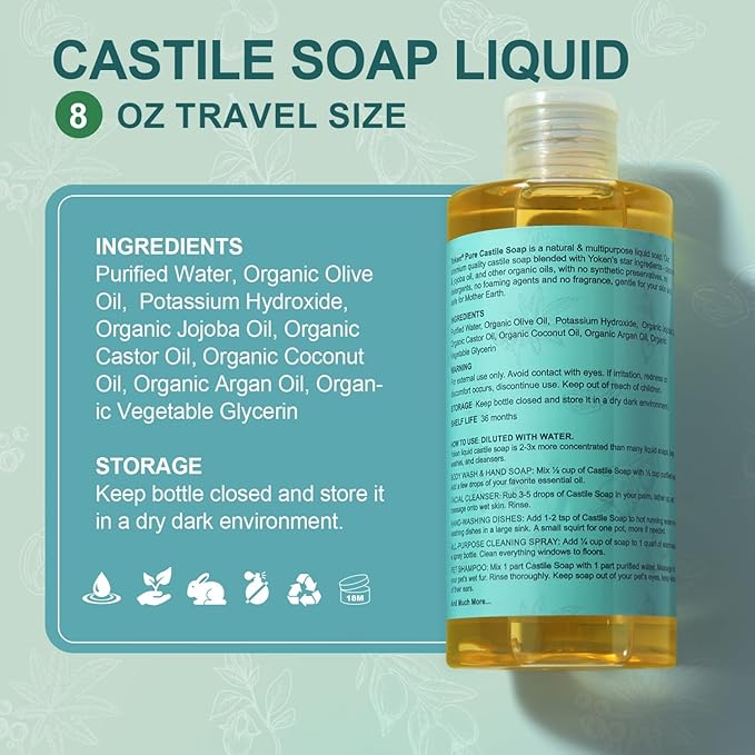 Yoken Pure Castile Liquid Soap Organic (EWG Verified, Unscented, 8 OZ), Made with Organic Oils, No Added Fragrance, Vegan, Castile Soap Liquid for Face, Laundry, Dishes, Sensitive Skin, Travel soaps