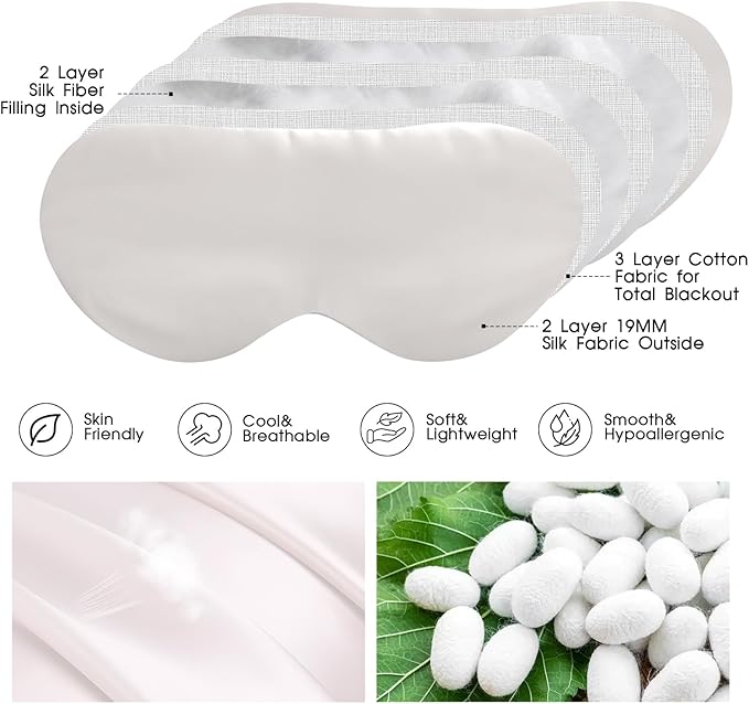 SILKTALE 100% Mulberry Silk Eye Mask for Sleeping with Silk Wrapped Adjustable Strap,Ivory White