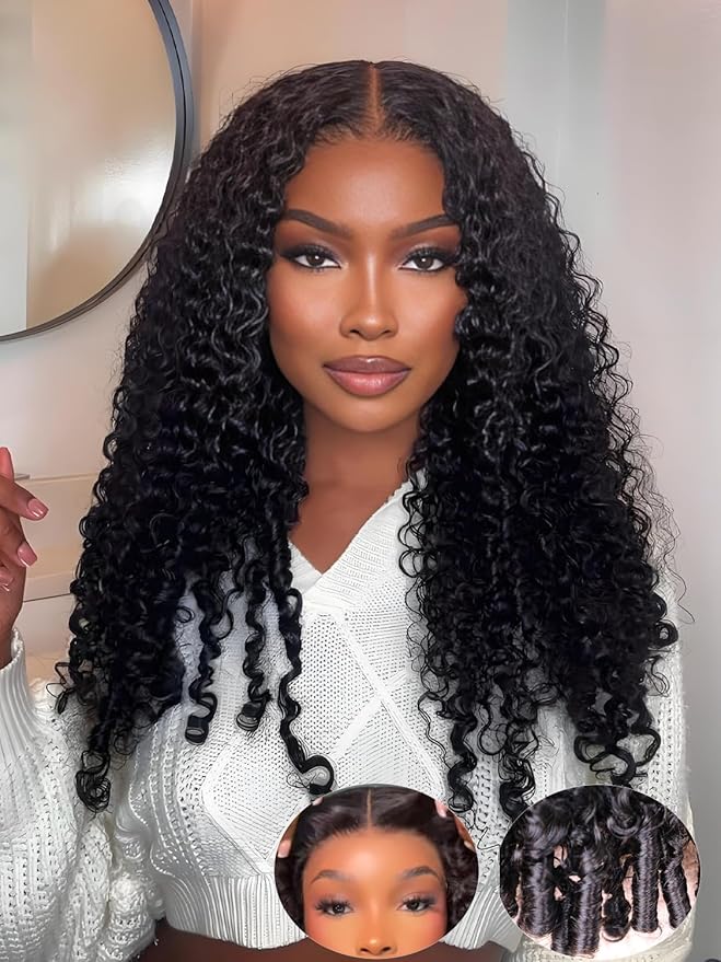ORIGINAL QUEEN Burmese Curly Wear and Go Glueless Wig Human Hair Curly Texture with Finger Coil Ends Upgrade 9X6 T Part Pre Cut Lace Flip Over Beginner Friendly with Drawstring 180% Density 24 Inch