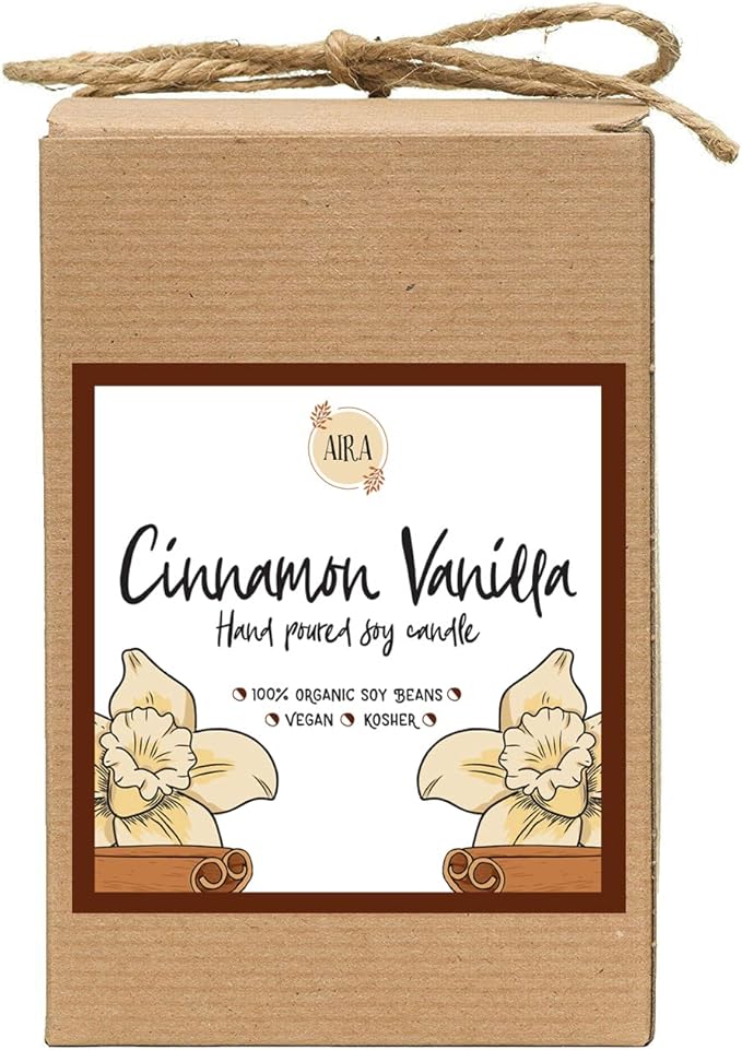 Aira Soy Candles - Organic, Kosher, Vegan, in Mason Jar w/Therapeutic Grade Essential Oil Blends - Hand-Poured 100% Soy Candle Wax - Paraffin Free, Burns 110+ Hours - Cinnamon Vanilla -16 Ounces