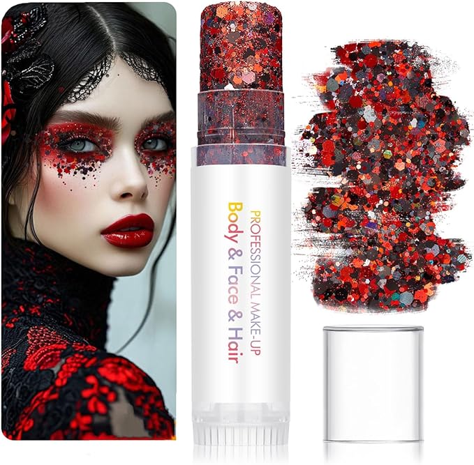 Body Glitter Stick for Face & Body & Hair - Red/Black & Purple/Gold Chunky Sparkle Set, 2 Pack | Versatile Festival Makeup for Party, Rave, Cosplay