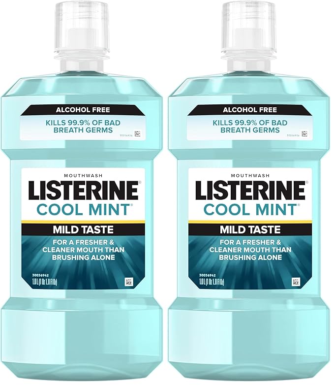 Listerine Cool Mint Alcohol-Free Mild Mouthwash, Oral Rinse Kills 99.9% of Germs That Cause Bad Breath, Less Intense Taste, Mild Mint Flavor, 1 L (Pack of 2)