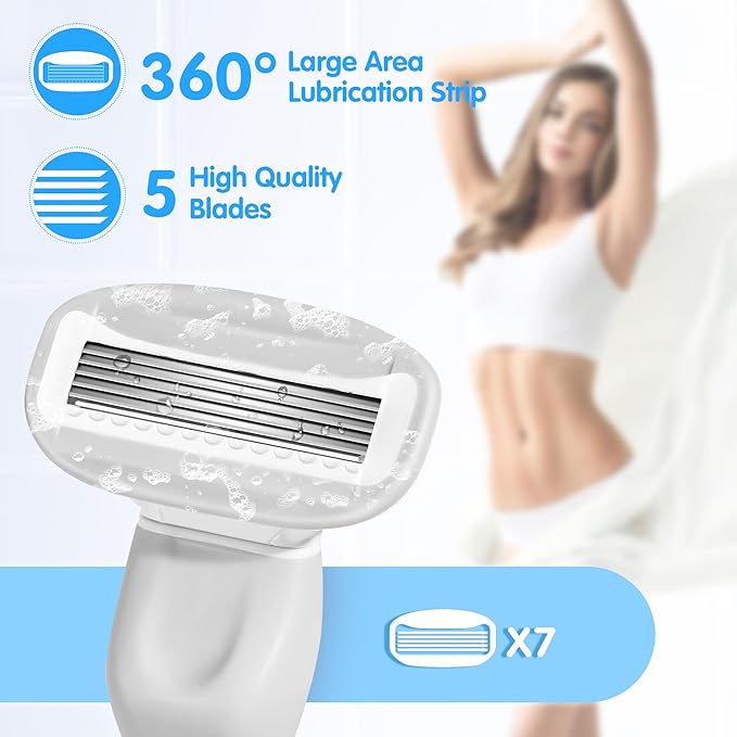 Razors for Women Include 1 Non-Slip Metal Handle and 7 Blade Refills, 5 Premium Blades Women's Razors for Shaving with 360° Lubrication Reduces Irritation, Silver