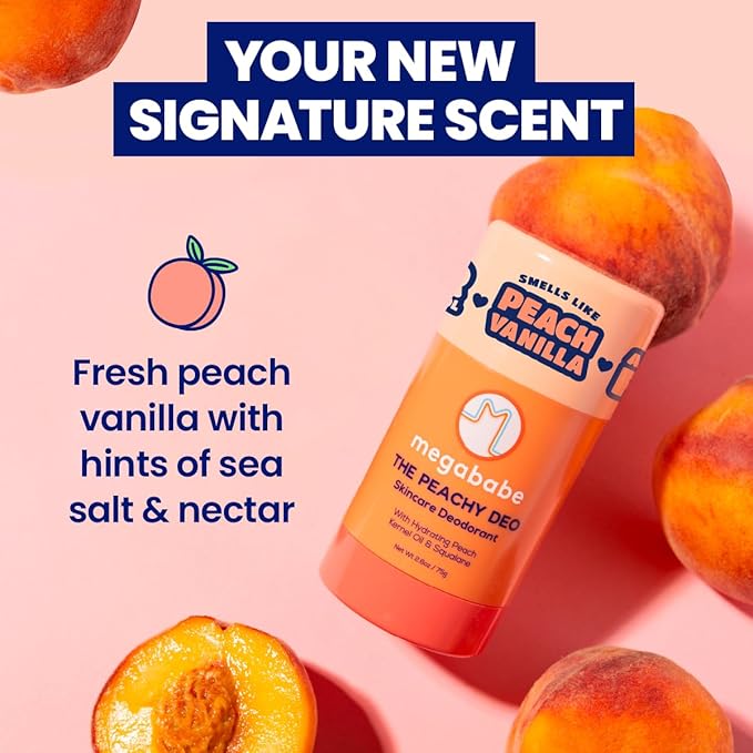 Megababe Skincare Deodorant - The Peachy Deo with 72 hour Odor Protection | Hydrating Peach Kernel Oil & Squalane | Aluminum-Free, All Natural | 2.6 oz
