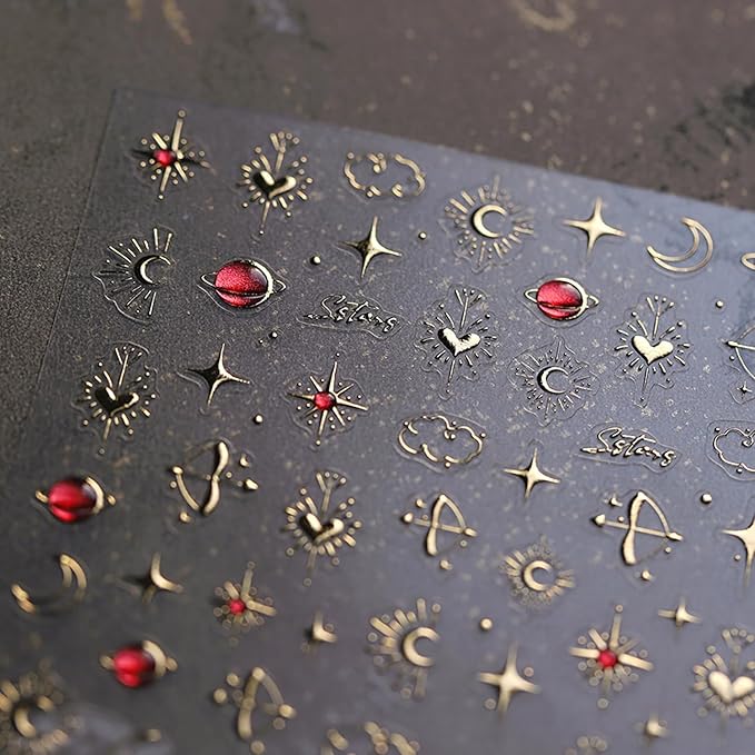 5D Embossed Gold Nail Stickers for Nail Art Star Nail Art Stickers 3D Self-Adhesive Nail Decals Gold Heart Moon Design Nails Charm Nail Supplies Star Manicure Decorations for Women Girls