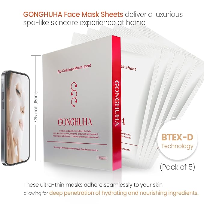 GONGHUHA Korean Bio Cellulose Face Mask Sheet for Deep Hydrating, Soothing, and Refreshing Skin – Facial Mask for Women and Men, Self-Care Sheet Mask for All Skin Types (5 Sheet)