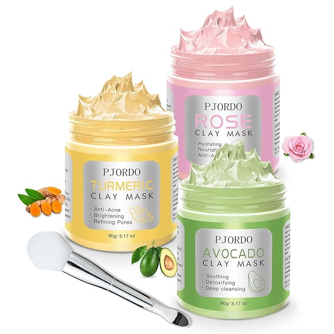 Pjordo 3 Pack clay mask, Turmeric Vitamin C, Avocado, Rose clay mask for face, Face Mask Skin Care for Deep Cleaning Reduce Blackheads Dark Spots, Valentines Day Gifts Set for Women, 3.17 Oz Each