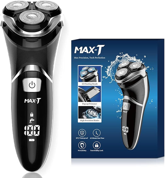 Men's Electric Shaver - MAX-T Corded and Cordless Rechargeable 3D Rotary Shaver Razor for Men with Pop-up Sideburn Trimmer Wet and Dry, IPX7 Waterproof, Plug & Play