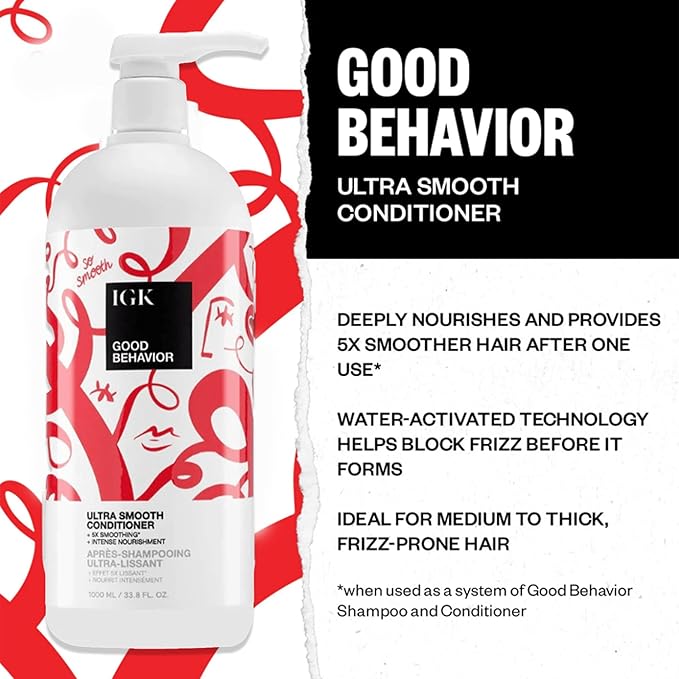IGK GOOD BEHAVIOR Ultra Smooth Shampoo & Conditioner Set | Frizz Control + Shine | Vegan + Cruelty-Free | 33.8 oz (Pack of 2)