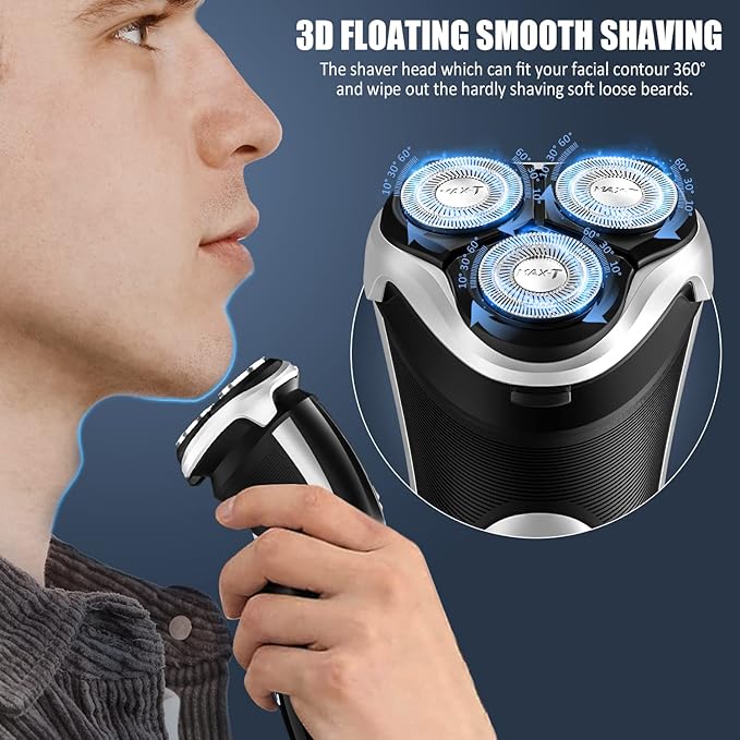Men's Electric Shaver - MAX-T Corded and Cordless Rechargeable 3D Rotary Shaver Razor for Men with Pop-up Sideburn Trimmer Wet and Dry, IPX7 Waterproof, Plug & Play