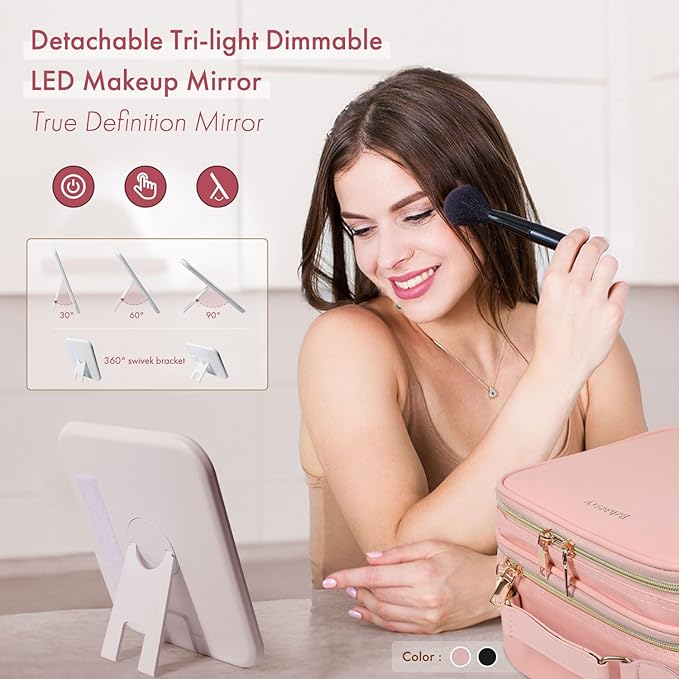 Behaesty Travel Makeup Bag with LED Mirror Double Layer, Detachable Vanity Mirror with Lights, Tri-light Dimmable, Makeup Case with Adjustable Dividers and Brush Holder Cosmetic Organizer Storage Box