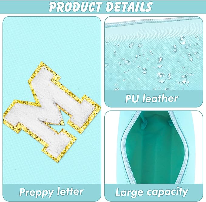 URSKYTOUS Gifts for Girls Initial Makeup Bag Personalized Cosmetic Bag with Zipper Cute Travel Toiletry Bag Waterproof PU Preppy Makeup Pouch Birthday Gift for Teen Girls Women(Blue M)
