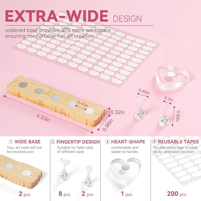 Nail Stand for Press On Nails Art Display Practice 2 Sets, 1 Heart Shaped Acrylic Magnetic Nail Stands, Fake Nail Holder Tips With 200 PCS Double-Sided Tape, Nail Kit Home DIY Salon Supplies