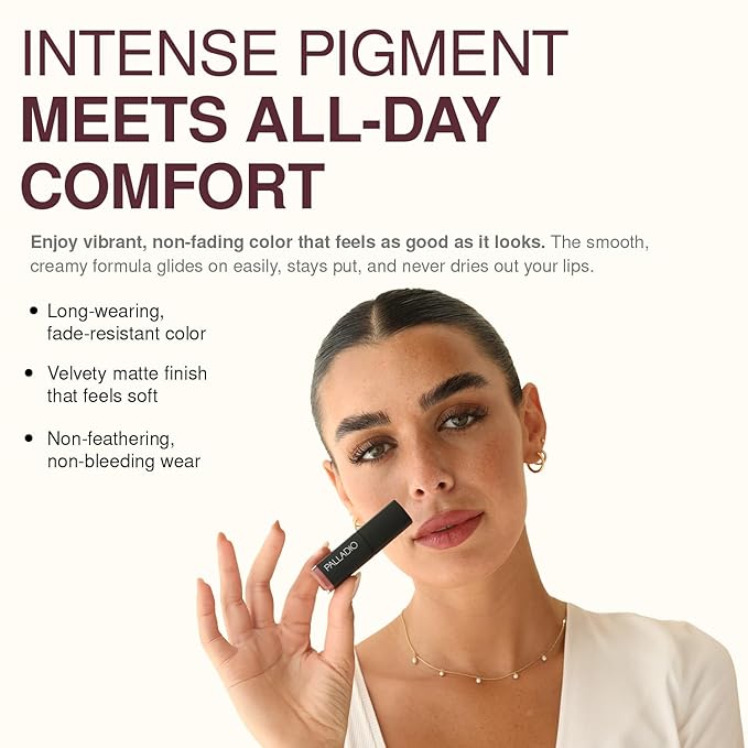 Palladio Herbal Matte Lipstick, Creamy and Full Coverage Long Lasting Matte Lipstick, Darling Damask