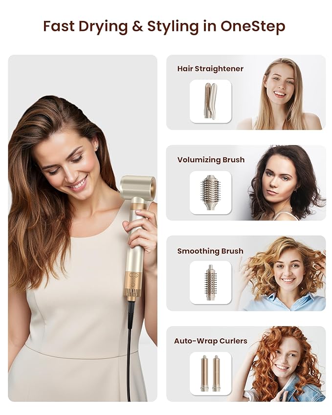 MESCOMB 6-in-1 Hot Air Styler – Hair Dryer & Air Styler with Straightener, Auto Curler, Volumizing Brushes, Frizz-Free Hair Styler for Straighting, Curling, Smoothing & Adding Volume, Not Damage