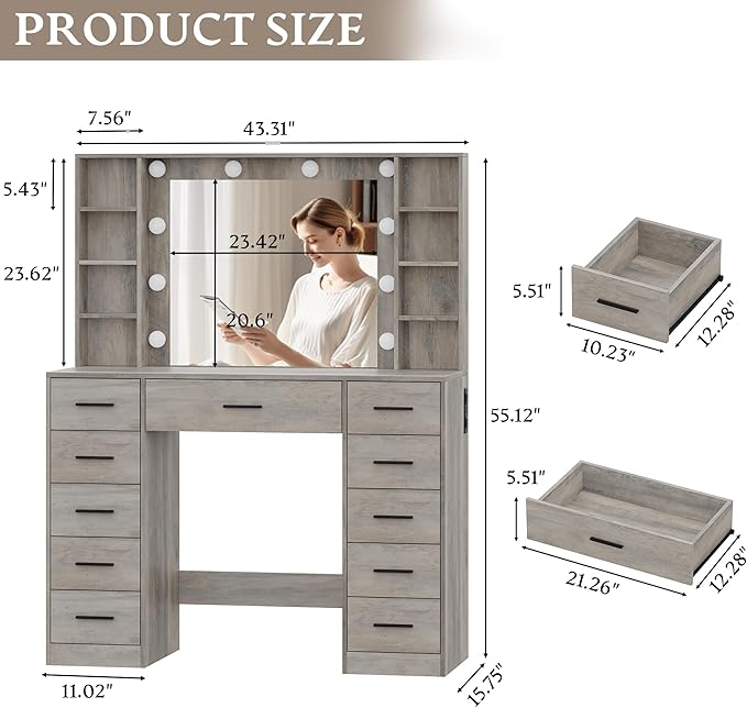 Makeup Vanity with Drawers, 43" Grey Vanity Desk with Mirror and Lights, 11 Drawers & 4 Shelves, Power Outlet & Adjustable LED Lights, Dressing Table for Women & Girls Bedroom