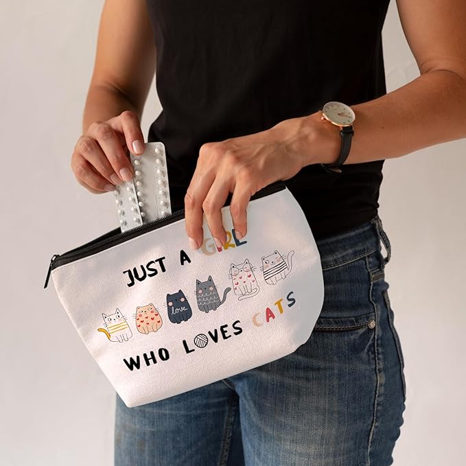 CLHHM Just A Girls Who Loves Cats Makeup Bag for Women Girls Cute Cat Themed Cosmetic Bag for Travel Storage Toiletry Funny Cat Lover Gift for Birthdays Christmas Ideal for Moms Daughters Friends