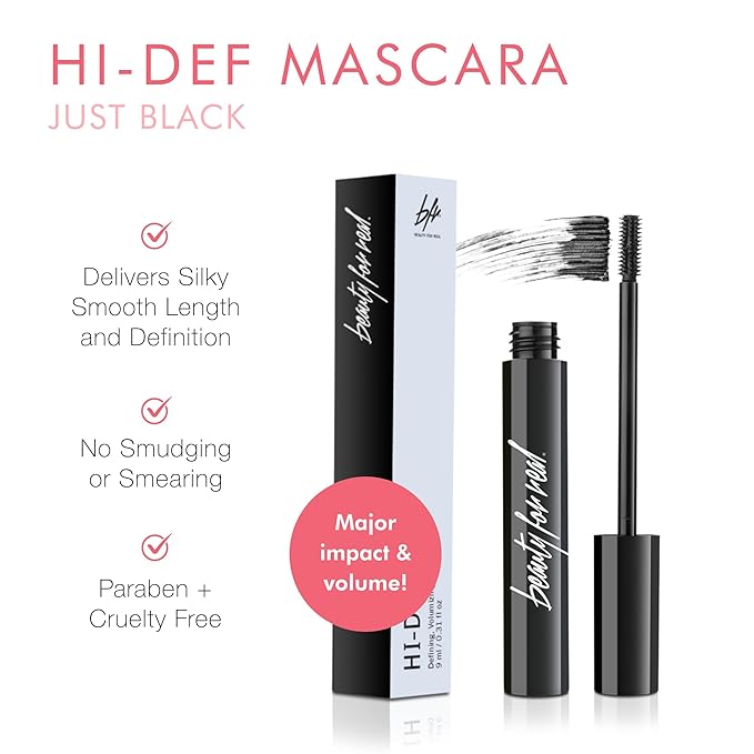Beauty for Real Hi-Def Mascara, Just Black - Set of 2 - Defining & Volumizing Lash Definer - Humidity & Smudge Proof - Micro Brush Ensures Versatile Application - 1.5 oz