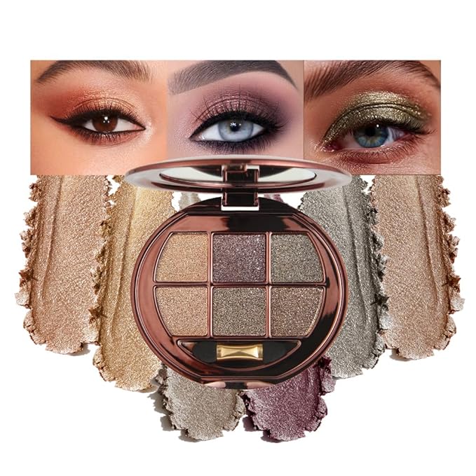 6-Color Shimmer Eyeshadow Palette, Micro-Glitter Pearlescent Neutrals, Silky Smooth High-Pigment Powder, Non-Caking No-Fallout, Waterproof Sweatproof Long-Lasting Eye Makeup, Giftable Palette-A05