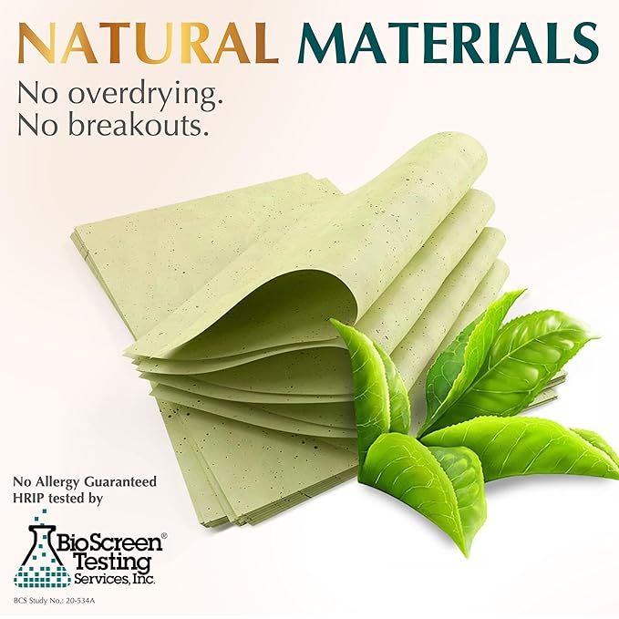Natural Green Tea Oil Blotting Sheets - 25% Larger (4.7x3") - 600 Makeup Friendly Papers for Face - Easy Dispensing Oil Absorbing Sheets