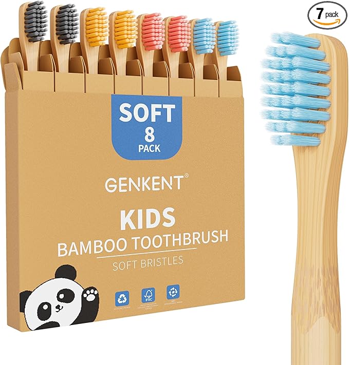 GENKENT 8 Counts Kids Bamboo Toothbrushes BPA Free Soft Bristles Travel Tooth Brush Natural Charcoal Toothbrush