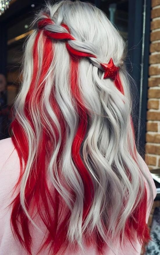 Colored Hair Extensions 10 PCS, Colorful Party Highlights Clip in Long Synthetic Hairpieces, Red and Green Hair Extensions for Girls Women Kids Cosplay Gifts 22 Inch
