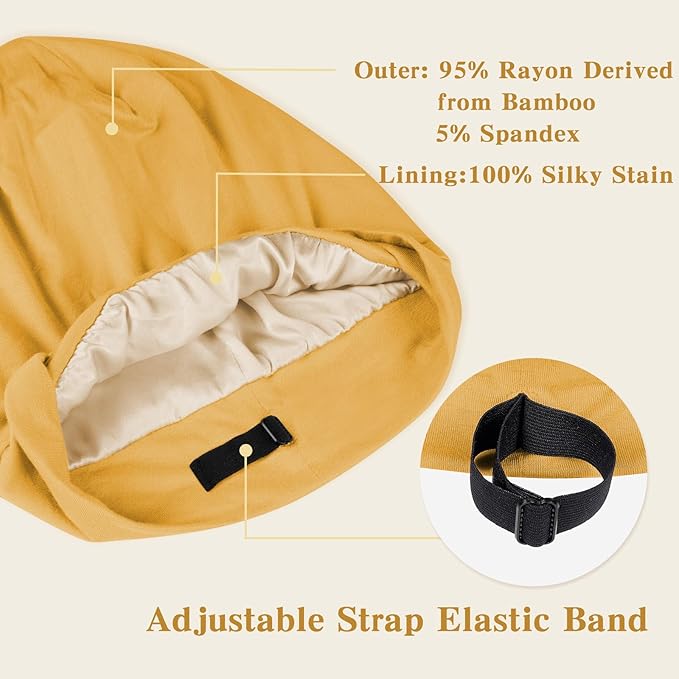 Fittia Satin Hair Bonnet for Sleeping, Silky No Frizzy for Curls Care, Adjustable Strap for Non-Slip, Dreadlocks Cap for Women&Men Mustard Yellow