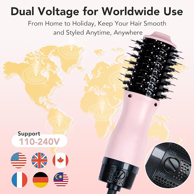Mini Dual Voltage Hair Dryer Brush, 900 Watts 2 Inch Oval Ceramic Hot Air Brush, One Step Hair Dryer and Styler for Travel, Suitable for All Hair Types, Pink