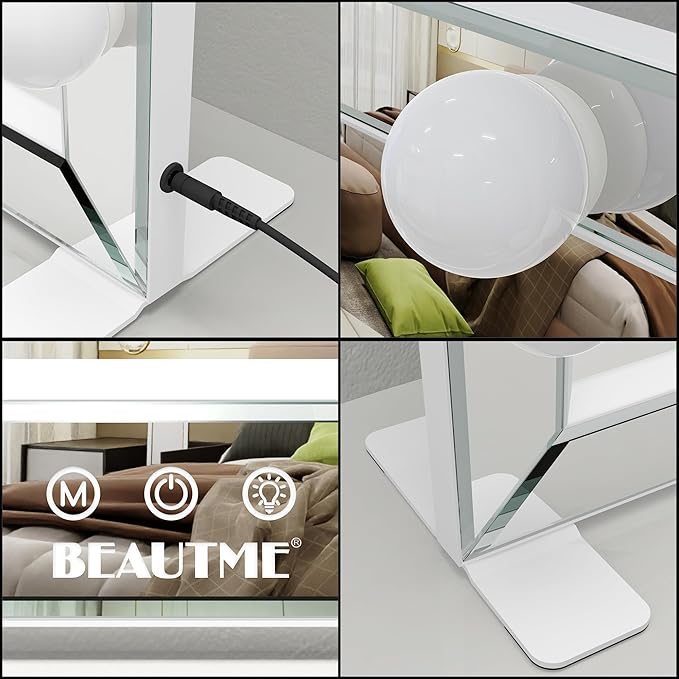BEAUTME Large Hollywood Vanity Mirror with 10 pcs Dimmer Bulbs, 3 Lighting Modes, Smart Touch Control, Tabletop Mirror/Wall Mounted LED Mirror Home Decor for Bedroom, 31.5×24 inch