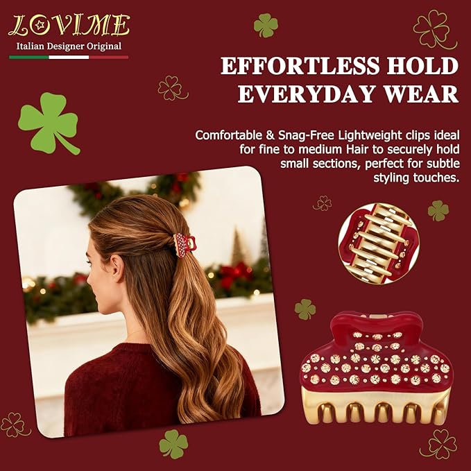 18K Gold Plated Small Claw Clips - 1.7 Inch Cute Rhinestone Hair Clips for Women Girls Thick Thin Hair, Premium French Hair Accessories for Half-Up, Birthday Valentine's Gift for Her, Red