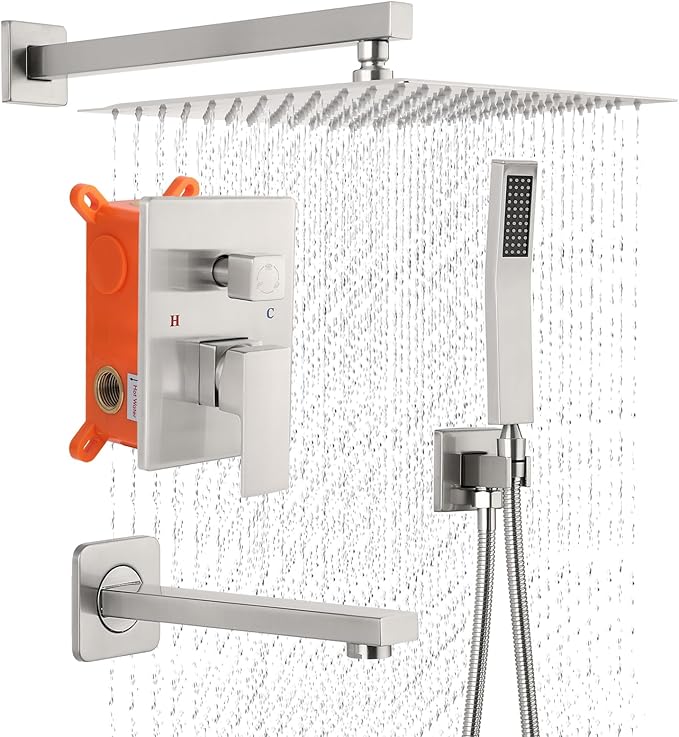 POPFLY Shower Faucet Set, 12 Inch Rainfall Head & Handheld Spray Combo, Brushed Nickel Wall Mounted Trim Kit with Solid Brass Valve Kit, Shower Hose & Bathtub Spout, Easy Installation