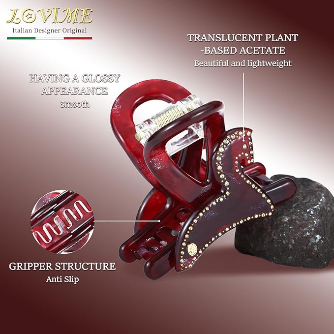 Red Hair Clips for Women Premium, Medium Claw Clips for Thick Thin Hair Girls, Strong Grip No Slip Hair Clip, Acetate Hair Accessories for Valentine's Birthday Year of the Horse 2026 Gift