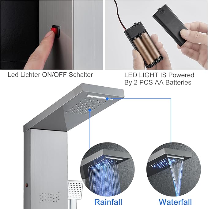 TSIBOMU Shower Panel Tower System with LED Lights, Stainless Steel 5 in 1 Shower Panel with Rainfall Waterfall Shower Head, Body Spray, Handheld Shower, Tub Spout (Brushed)
