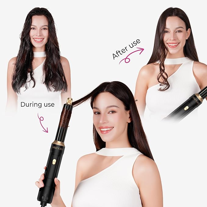 6 in 1 Air Styler Magic Hair Dryer Brush, Negative Ionic Blow Dryer Brush & 3 Heat Settings, Detachable Auto Curling & Straightening Volumizing, Frizz-Free Styling, Salon to Home Use (A-Black)