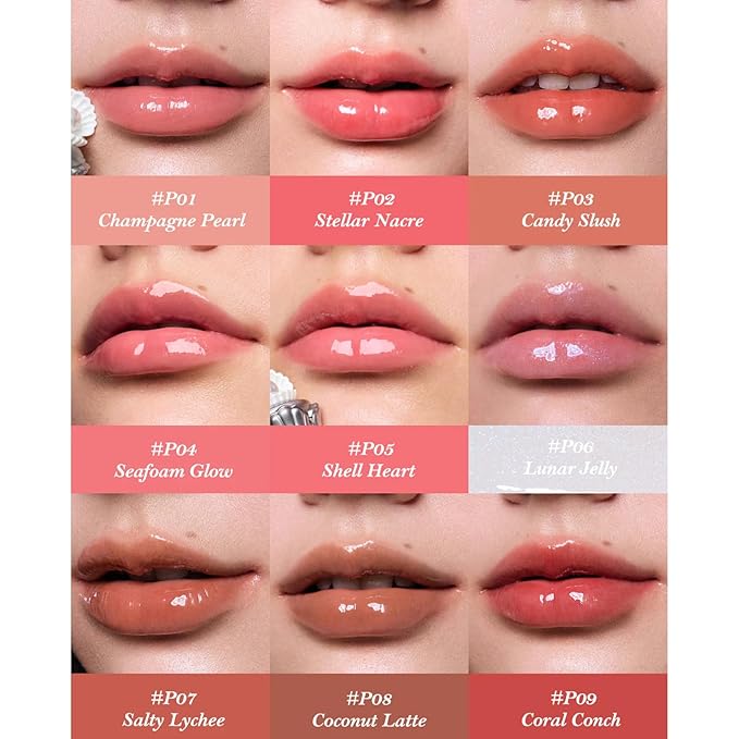 Flower Knows Shell's Jewel Nourishing Lip Glaze,Hydrating Strawberry Pink Lip Gloss with Hyaluronic,Moisturizing Plumping Oil,Non-Sticky for Girls & Women,0.16 Fl.Oz(P05 Shell Heart)