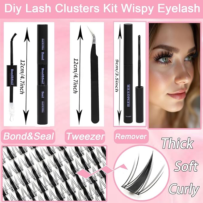 Fairy Lash Clusters Kit with Spike, Eyelash Clusters Individual D Curl Fluffy Wispy False Eyelashes Extensions Thin Band with Bond Seal Tweezers Remover DlY Manga Lashes Extension Kit (SMY11-KIT)