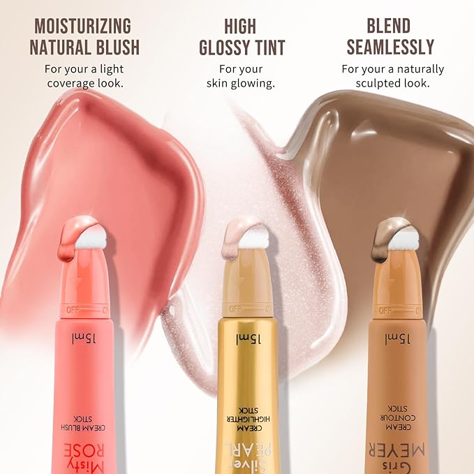 Color Nymph Liquid Makeup Wand Combo, Hydrating Light Tan Contour Glow Liquid Highlighter Pigmented Blush For Cheeks Fine Texture Natural Blend Long Lasting (Light Tan Contour+Blush+Highlighter)
