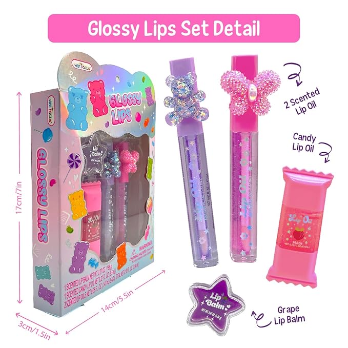 Hot Focus | Glossy Lips Gummy Bear Edition – Sweet Flavored Lip Glosses, Assorted Candy & Ice Cream Gloss Flavors, Non-Toxic Makeup for Kids & Teens
