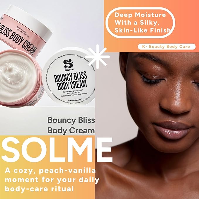 SOLME Bouncy Bliss Body Cream | Deep Moisture Body Butter with Coconut & Jojoba Oil, Collagen & Avocado | Cozy Peach Vanilla Scent | Winter Hydration & Holiday Gift | K-Beauty | 6.76 fl oz
