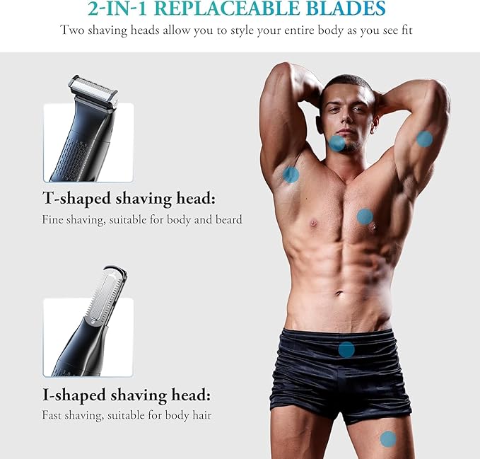 Body Hair Trimmer for Men - 6.0 Upgraded Electric Beard Trimmer, Christmas Gift 2-in-1 Dual-Head Shaver & Body Groomer for Face IPX6 Wet/Dry Use Groin & Ball Hair Painless Electric Razor Black