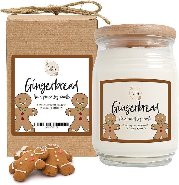 Aira Holiday Soy Candles - Organic, Kosher, Vegan, Farmhouse Candle w/Aromatherapy Essential Oils - Hand-Poured 100% Soy Candle Wax - Paraffin Free, Burns 150+ Hours - Gingerbread - 20 Ounces