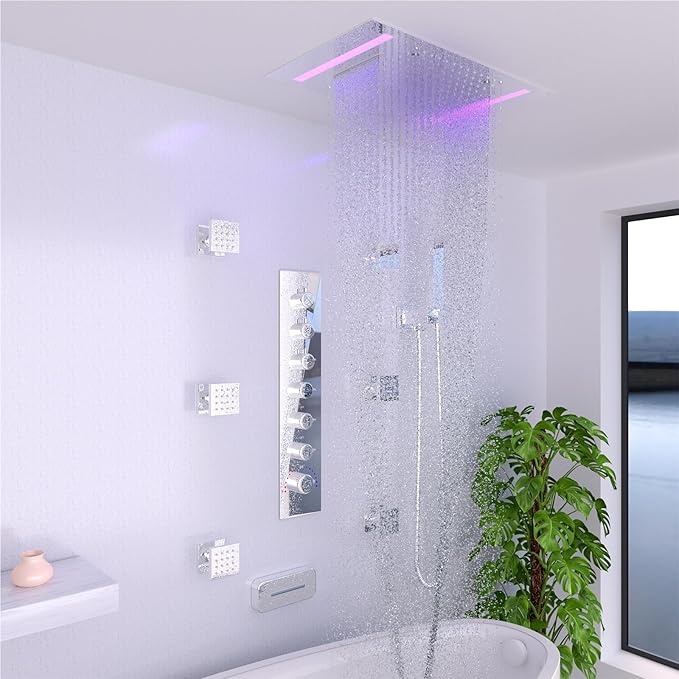 HOMEDEC Luxury 14x20inch LED 3 Functions Rain Shower Head, High-Pressure Rainfall Spray Waterfall Shower Water Filter 3 In 1 Overhead Combo Set, Chrome