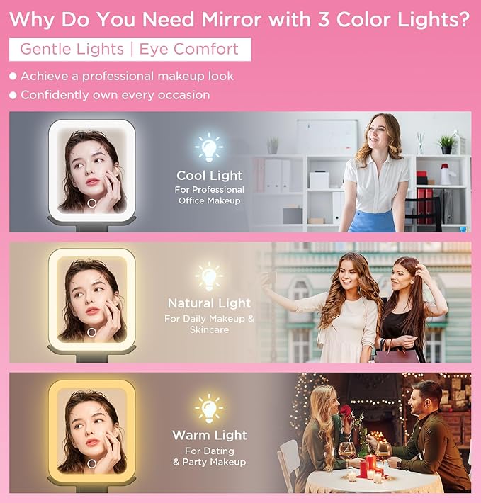 EAONE Travel Makeup Mirror with Lights, Double Sided Magnifying Vanity Mirror 10X/1X with 3 Color Lighting & Dimmable Touch Screen, Compact Handheld Cosmetic Mirror for Bathroom, Women Gifts (Black)