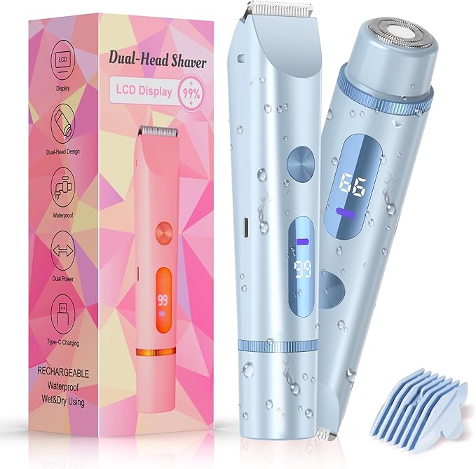 Bikini Trimmer for Women Electric Razors for Women Women's Electric Razor 2 in 1 Shaver Pubic Hair Trimmer Ipx7 Waterproof Wet Dry Use Bikini Shaver for Ladies Pubic,Legs,Face,Underarms(Blue)