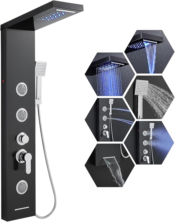 KINKIB LED Shower Panel Tower System, 6-in-1 Shower Tower with Rainfall Waterfall Shower Head, 2 Modes Powerful Body Jets, Handheld Shower and Tub Spout, Stainless Steel Shower Column, Black