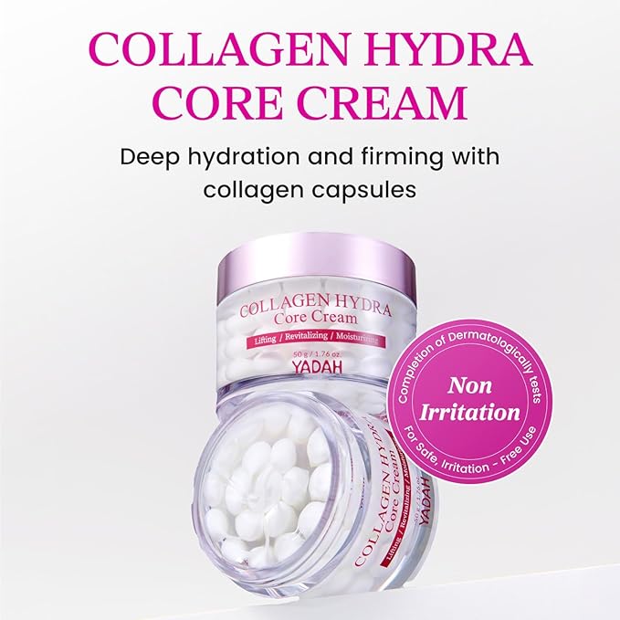 YADAH Collagen Hydra Core Cream – Barrier Repair Capsule Moisturizer with 10 Types of Hyaluronic Acids, 1000ppm Low Molecular Collagen & Ceramide, Deep Hydration for Sensitive Skin, 1.76 oz