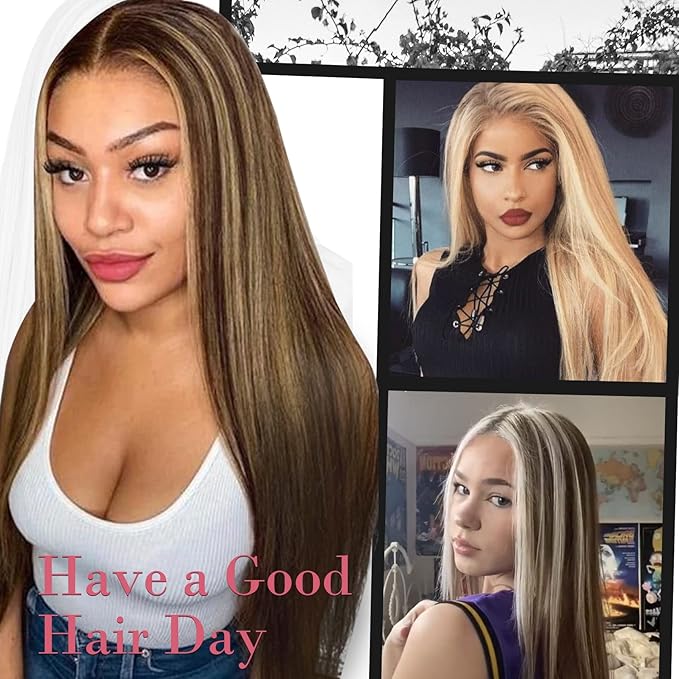 REECHO Invisible Wire Hair Extensions with Transparent Headband Adjustable Size Removable Secure Clips in Straight Secret Hairpiece for Women (Chocolate Brown with Golden Blonde Highlights)