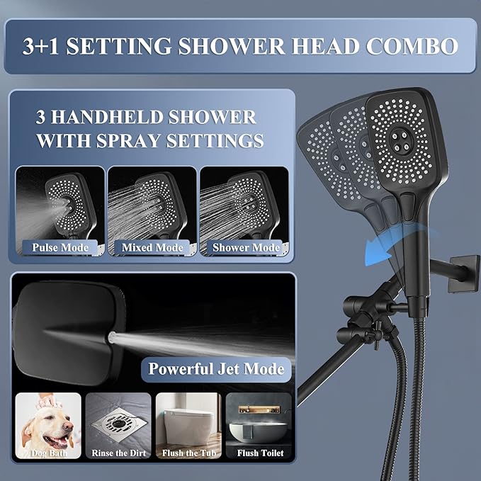 Jcrob High Pressure Rain Shower Head with Handheld Spray Combo, 12 Inch Rainfall Shower Heads with Adjustable Extention Arm, Wide Dual Waterfall Showerhead with 3-Way Diverter(Matte Black)